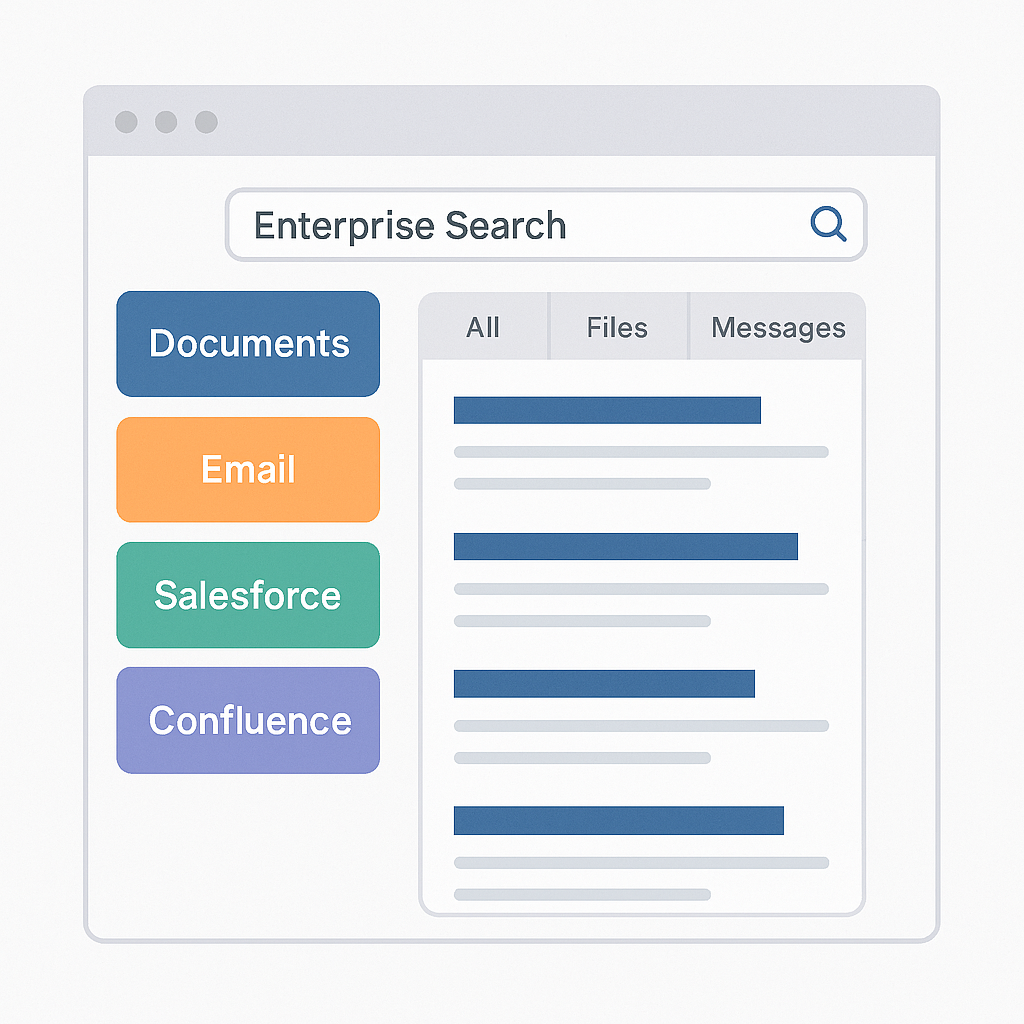 A clean and modern dashboard interface for an enterprise search system, perhaps showing diverse data sources being queried.