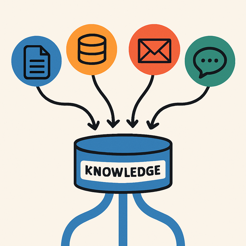 A visual metaphor for knowledge democratization, showing information flowing from various sources into a centralized, accessible repository.